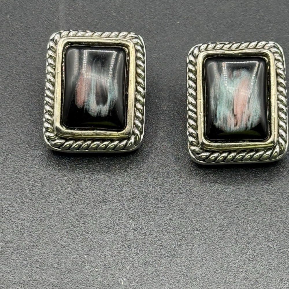 Vintage MX Michael Morrison Clip On Earrings Black Stone Silver Tone Rectangle